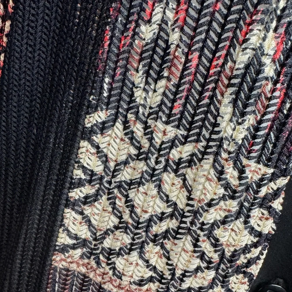 Catherines Black, Red, and Cream Textured Patterned One- Button Cardigan,